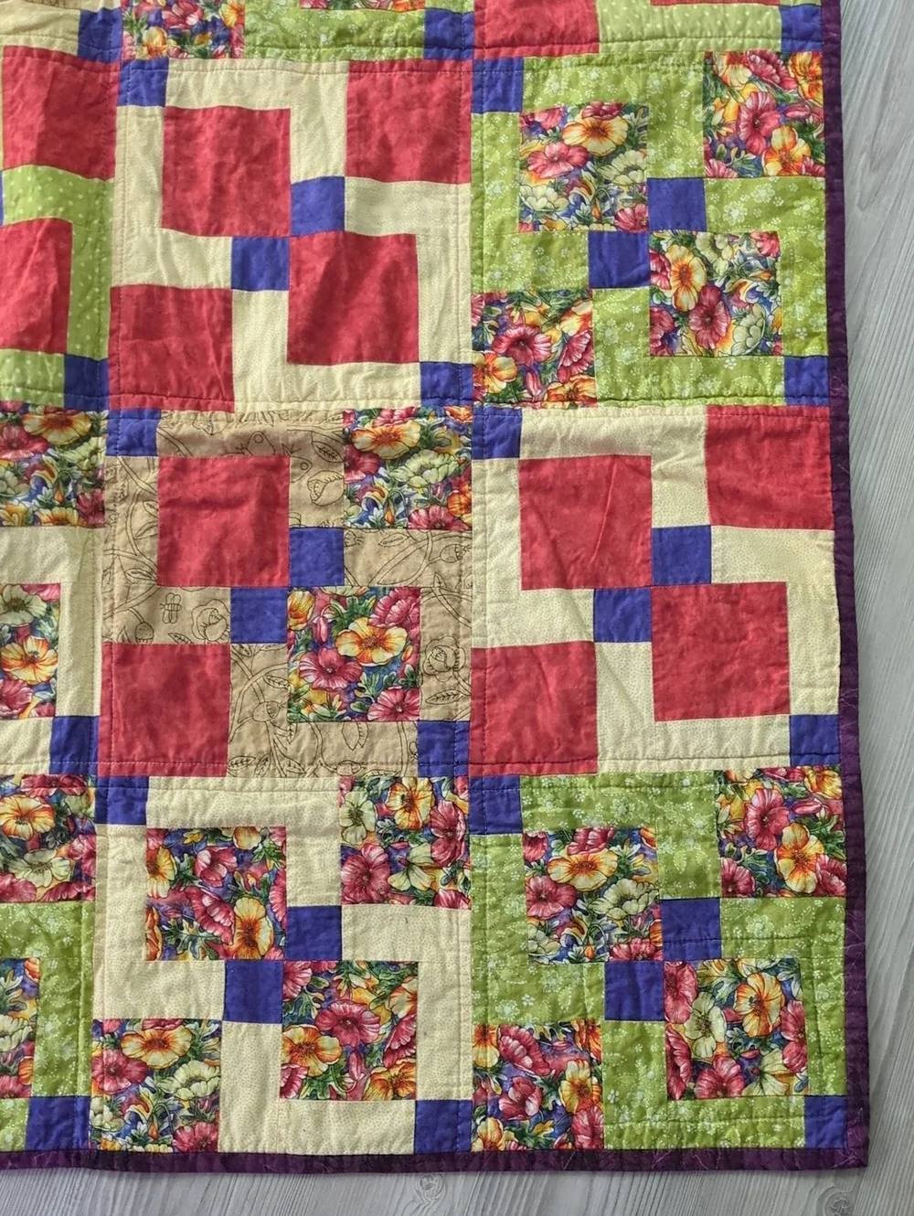 Handmade Floral Patchwork Quilt Wall Hanging Signed by Grandma Colorful Folk Art